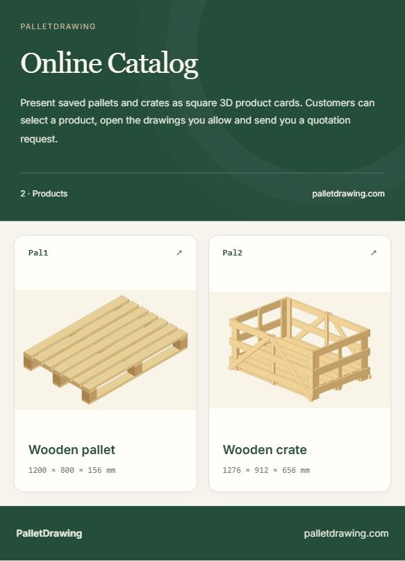 Example online catalog with square pallet and crate product cards